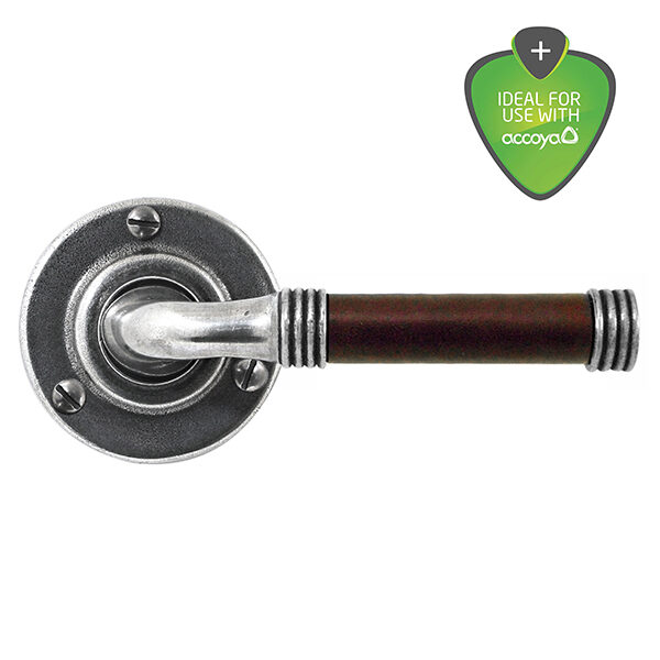 Jarrow chocolate leather door handle on round rose