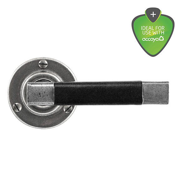 Jedburgh black leather door handle on round rose