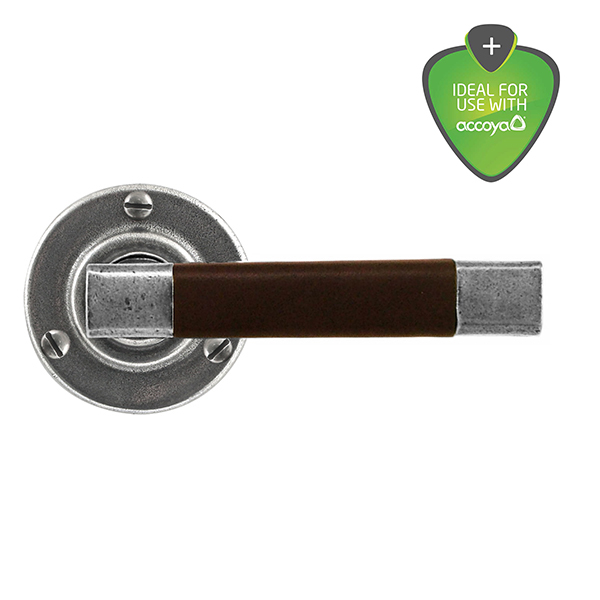 Jedburgh chocolate leather door handle on round rose