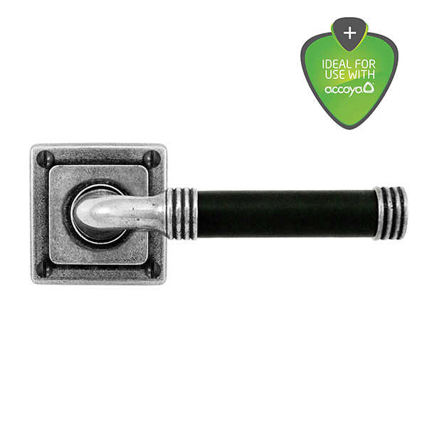 Jarrow black leather door handle on square rose