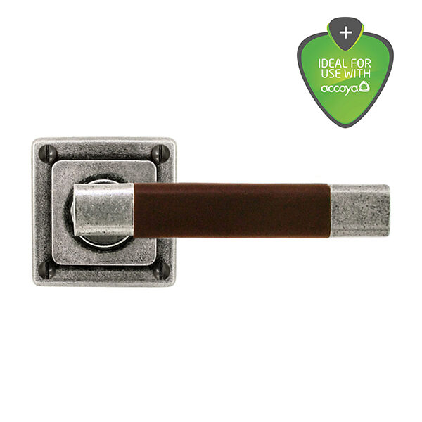 Jedburgh chocolate leather door handle on square rose