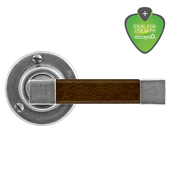 Eden wooden door handle with walnut lever on round rose