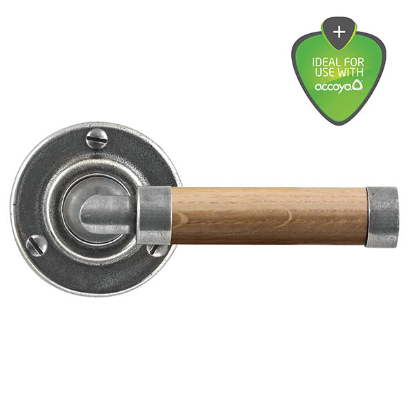 Milton pewter door handle with oak lever on round rose