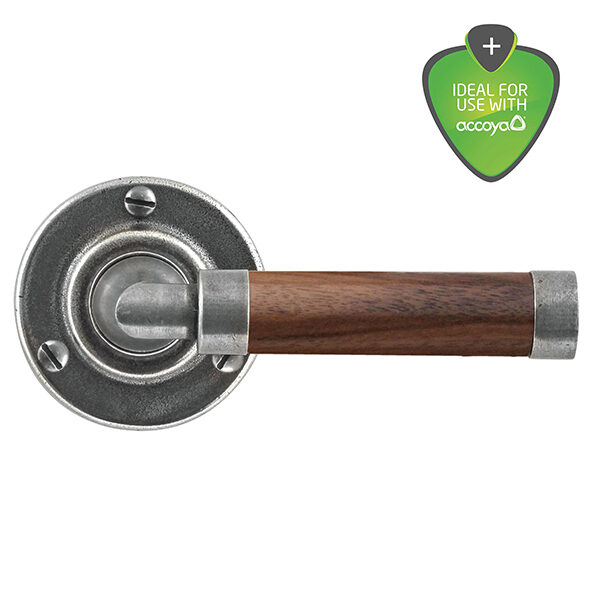 Milton pewter door handle with walnut lever on round rose