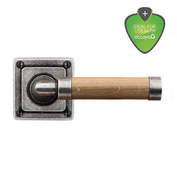 Milton pewter door handle with oak lever on square rose