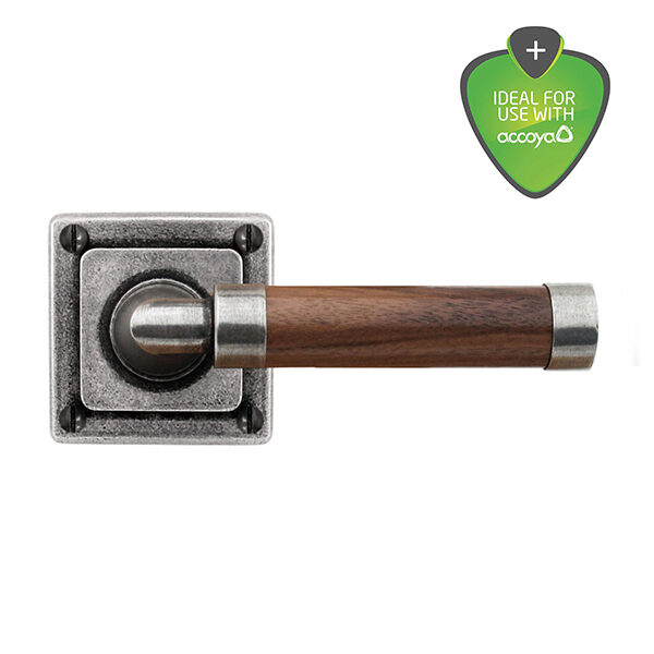 Milton pewter door handle with walnut lever on square rose